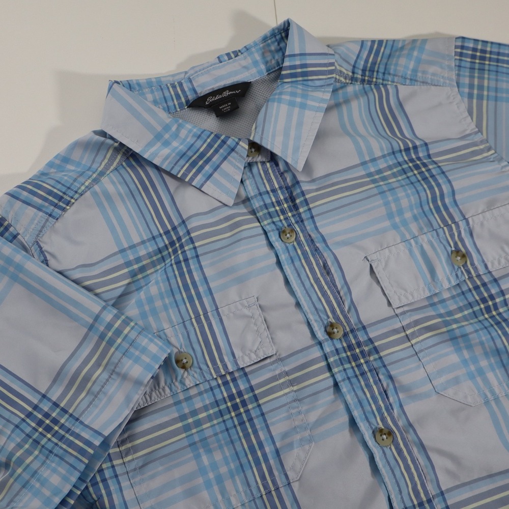 EDDIE BAUER Blue Plaid Adventure Shirt Men L Cargo Moisture Wicking Fishing